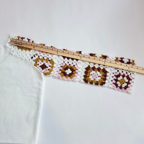 PINK LILY V-NECK RANDOM MIXED COLOR CROCHET SQUARE PATTERN BELL SLEEVE SWEATER - Picture 8 of 12